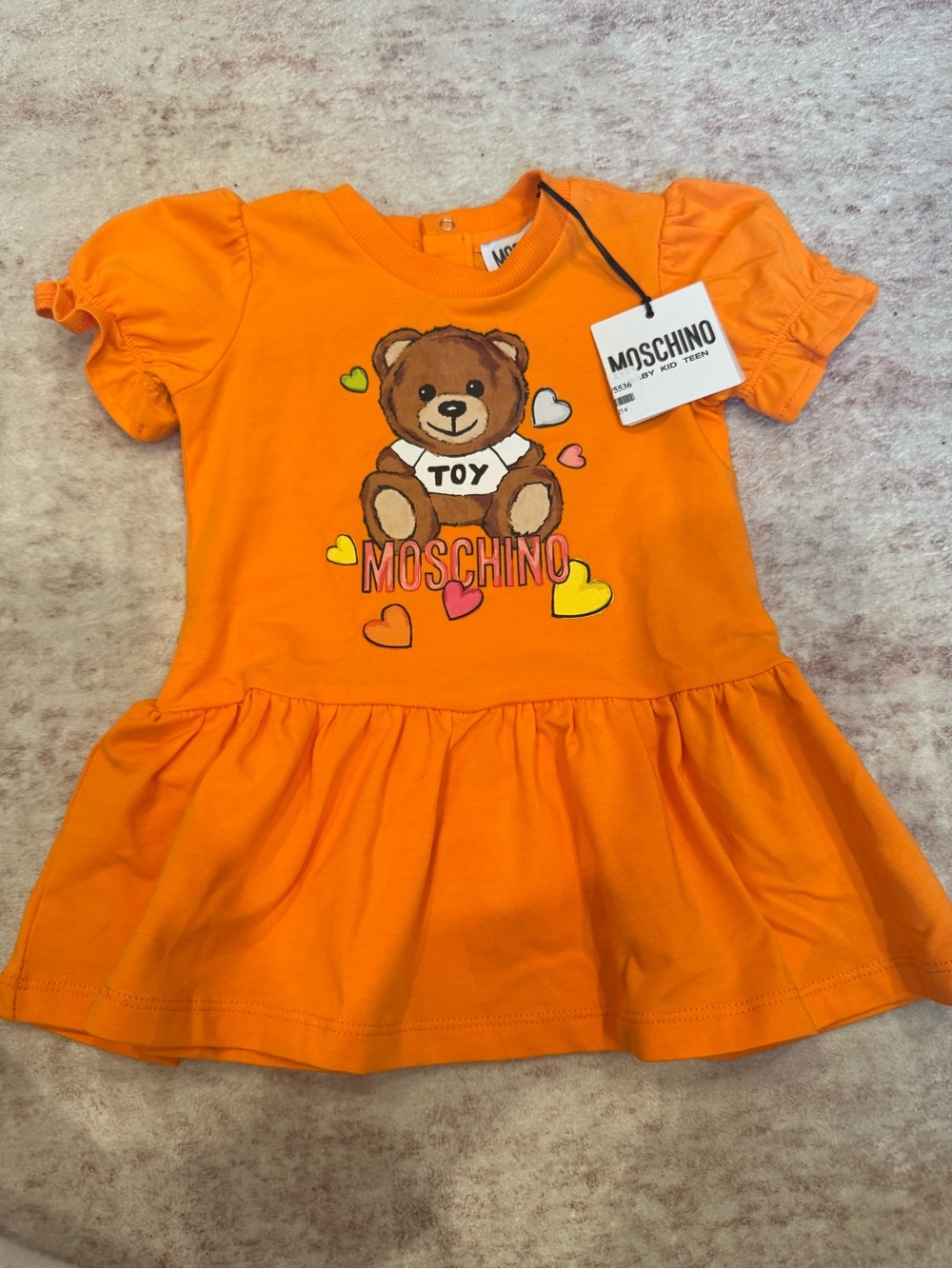 NWT Moschino Bright Orange Teddy Bear Dress with Heart Accents